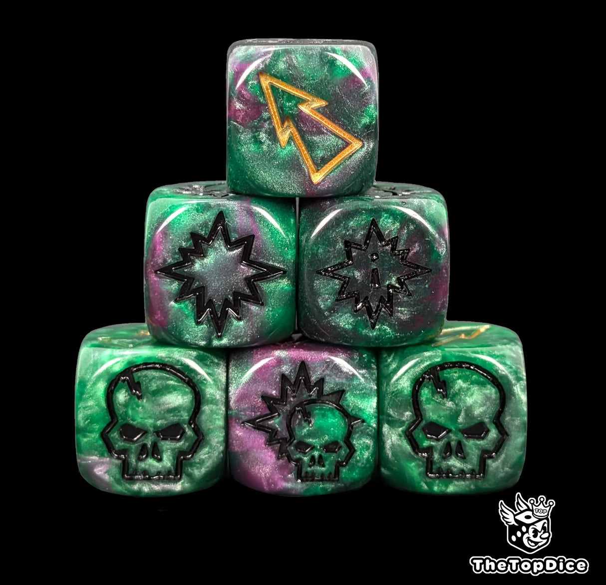 Close up of three green and purple 16mm block dice with gold pips for resolving blocks