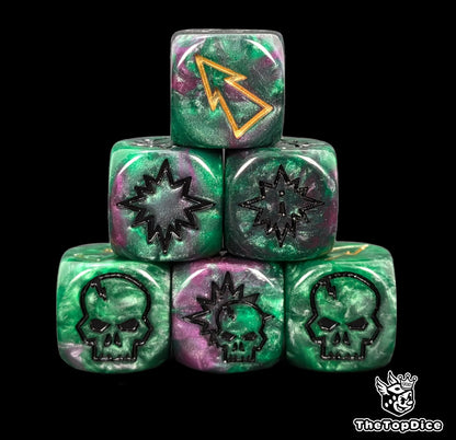 Close up of three green and purple 16mm block dice with gold pips for resolving blocks