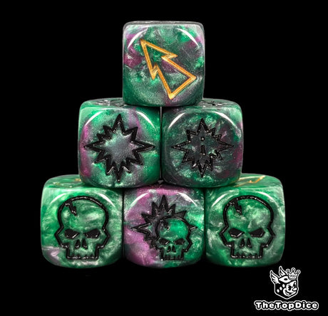 Close up of three green and purple 16mm block dice with gold pips for resolving blocks