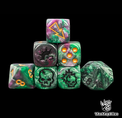 Green and purple renegade fantasy football dice set of seven 16mm resin dice compatible with Blood Bowl