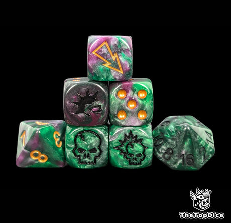 Green and purple renegade fantasy football dice set of seven 16mm resin dice compatible with Blood Bowl