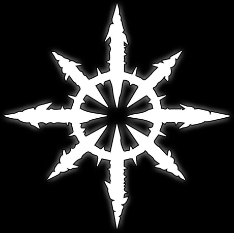 Eight-pointed jagged chaos star in white on black, tile for dark cult and fallen marine 16mm dice