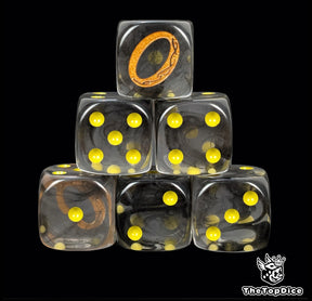 Clear black 16mm D6 dice with a gold ring emblem and yellow pips for epic fantasy wargames