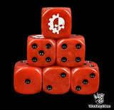 Red 16mm D6 dice with a white cog and skull emblem and black pips for sci-fi wargaming