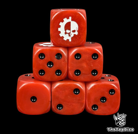 Red 16mm D6 dice with a white cog and skull emblem and black pips for sci-fi wargaming