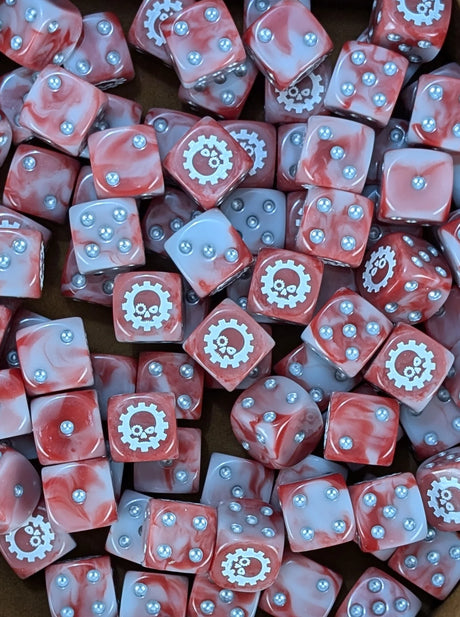Pile of red and grey cog skull 16mm D6 dice for a sci-fi machine cult army