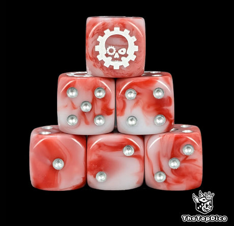 Red and grey 16mm D6 dice with a white cog and skull emblem and silver pips for sci-fi wargaming