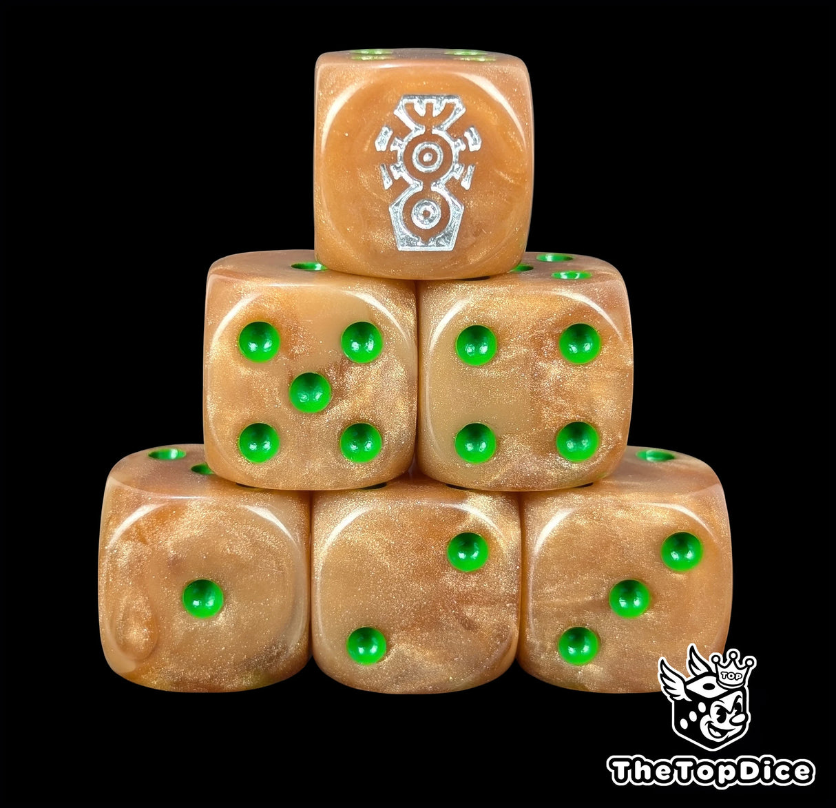 Copper 16mm D6 dice with a silver rune emblem and green pips for sci-fi wargaming