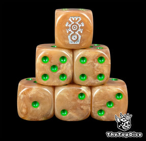 Copper 16mm D6 dice with a silver rune emblem and green pips for sci-fi wargaming