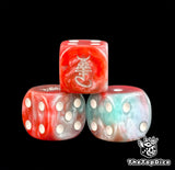 Three marbled Ynnari dice with white pips and a silver Ynnead rune