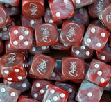 A pile of red and turquoise Ynnari D6 with silver Ynnead runes