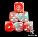 Six red and turquoise Ynnari D6 stacked, white pips and a silver rune