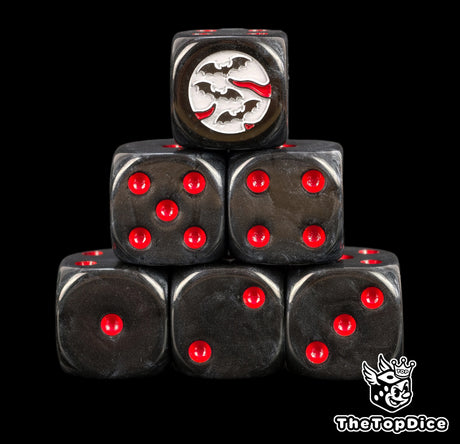 Six black Soulblight D6 stacked, red pips and a pale moon of bats