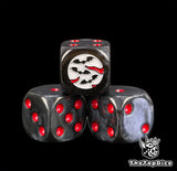 Three vampire dice in smoked black resin with blood red pips