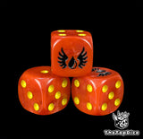 Close up of a blood red 16mm resin D6 die engraved with a black winged blood drop and yellow pips