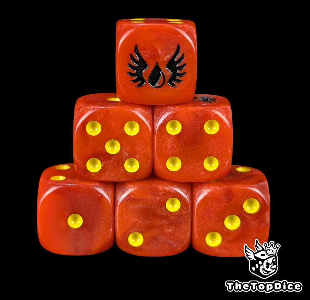 Blood red 16mm D6 dice with a black winged blood drop emblem and yellow pips for sci-fi wargaming