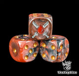 Close-up of a red D6 die with a blood drop crossed by two blades