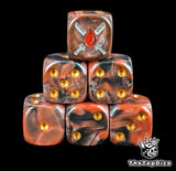 Red resin D6 dice with a blood drop and twin chainblade emblem and gold pips