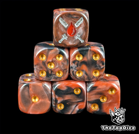 Red resin D6 dice with a blood drop and twin chainblade emblem and gold pips
