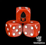 Close-up of a red D6 die with a black space elf profile