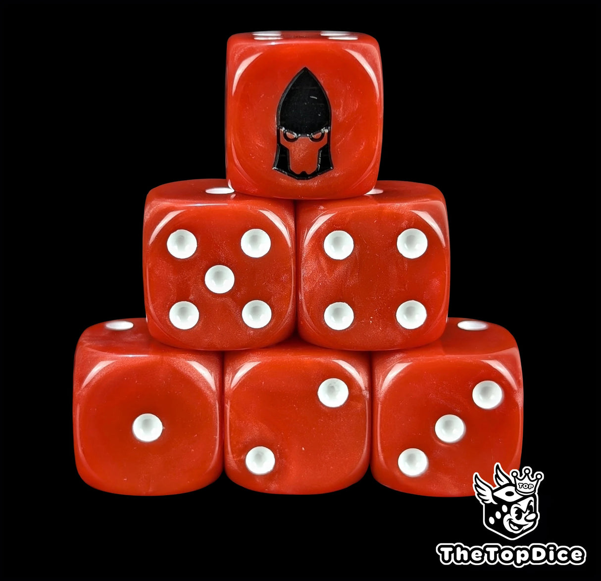 Red resin D6 dice with a black space elf emblem and white pips