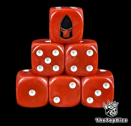 Red resin D6 dice with a black space elf emblem and white pips