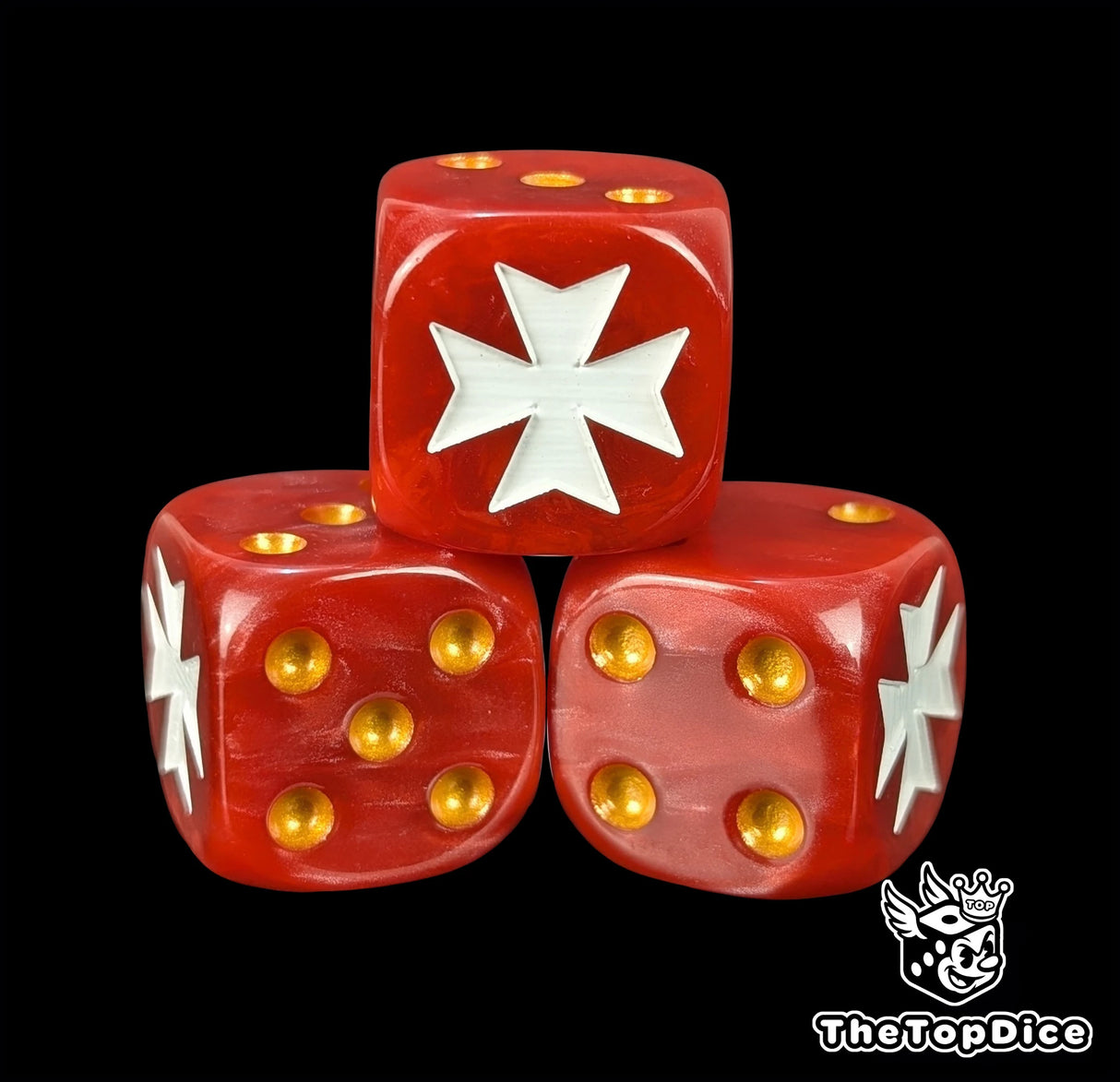 Close-up of a red D6 die with a white templar cross