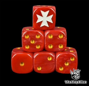 Red resin D6 dice with a white templar cross emblem and gold pips