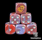 Crimson and purple 16mm D6 dice with a gold spiral and moons emblem and white pips for fantasy wargaming
