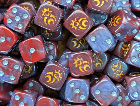 Pile of crimson spiral 16mm D6 dice for a fantasy chaos cult army
