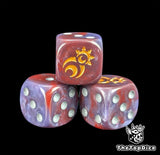 Close up of a crimson 16mm resin D6 die engraved with a gold spiral ringed by moons