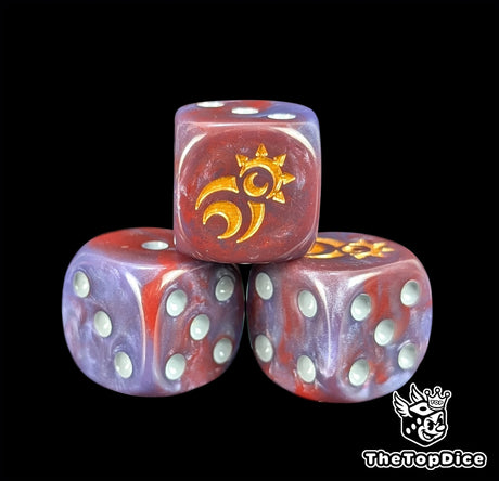 Close up of a crimson 16mm resin D6 die engraved with a gold spiral ringed by moons