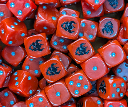 Pile of red dark gospel 16mm D6 dice for a sci-fi chaos army