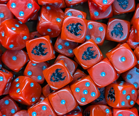 Pile of red dark gospel 16mm D6 dice for a sci-fi chaos army