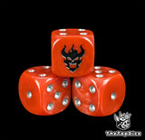 Close up of a red 16mm resin D6 die engraved with a black daemon face and silver pips