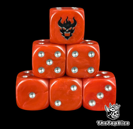 Red 16mm D6 dice with a black daemon face emblem and silver pips for sci-fi wargaming