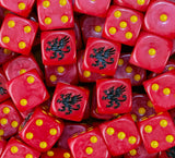 Pile of red Howling Griffons dice with yellow pips and black griffons