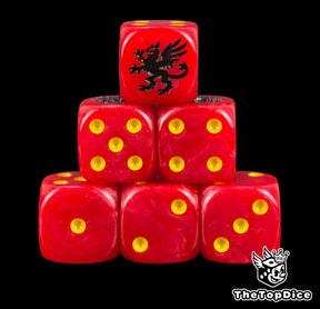 Six red space marine D6 stacked, yellow pips and a black griffon