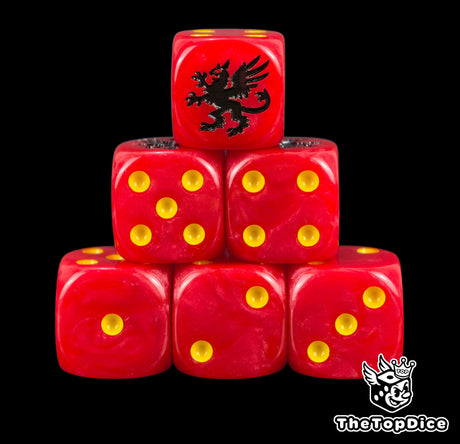 Six red space marine D6 stacked, yellow pips and a black griffon
