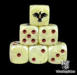 Beige resin D6 dice with a black raven and blood-drop emblem and red pips