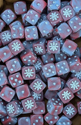 Pile of red and grey ruined helm 16mm D6 dice for a sci-fi chaos army