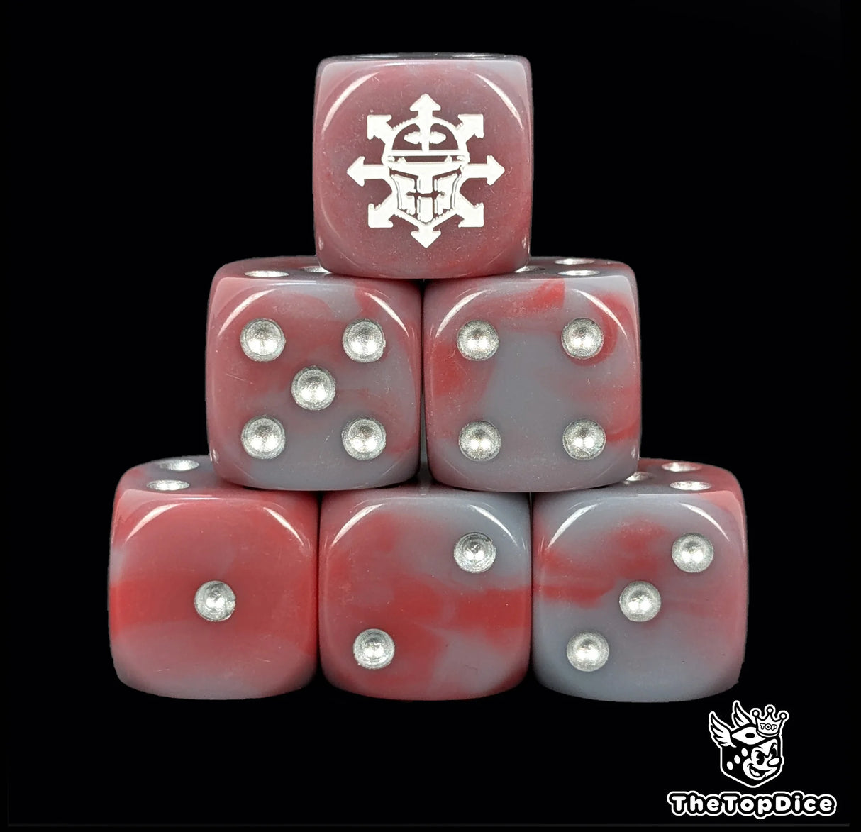 Red and grey 16mm D6 dice with a white ruined war helm emblem and silver pips for sci-fi wargaming