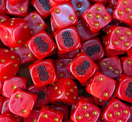 Pile of red tech dwarf 16mm D6 dice for a sci-fi dwarf army