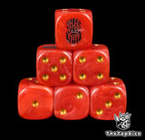 Red 16mm D6 dice with a black rune face emblem and gold pips for sci-fi wargaming