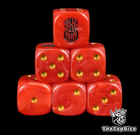 Red 16mm D6 dice with a black rune face emblem and gold pips for sci-fi wargaming