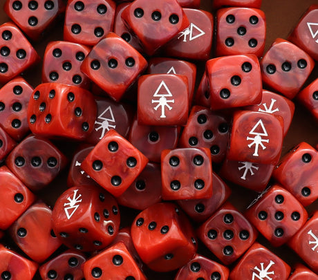 Pile of red rune 16mm D6 dice for a sci-fi alien army