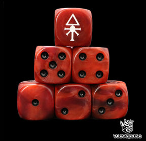 Red 16mm D6 dice with a white rune emblem and black pips for sci-fi wargaming