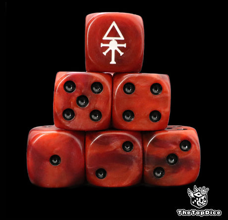 Red 16mm D6 dice with a white rune emblem and black pips for sci-fi wargaming