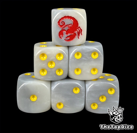 Pale grey resin D6 dice with a red scorpion emblem and yellow pips