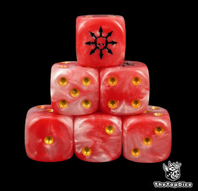 Red 16mm D6 dice with a chaos star and skull emblem and gold pips for fantasy wargaming